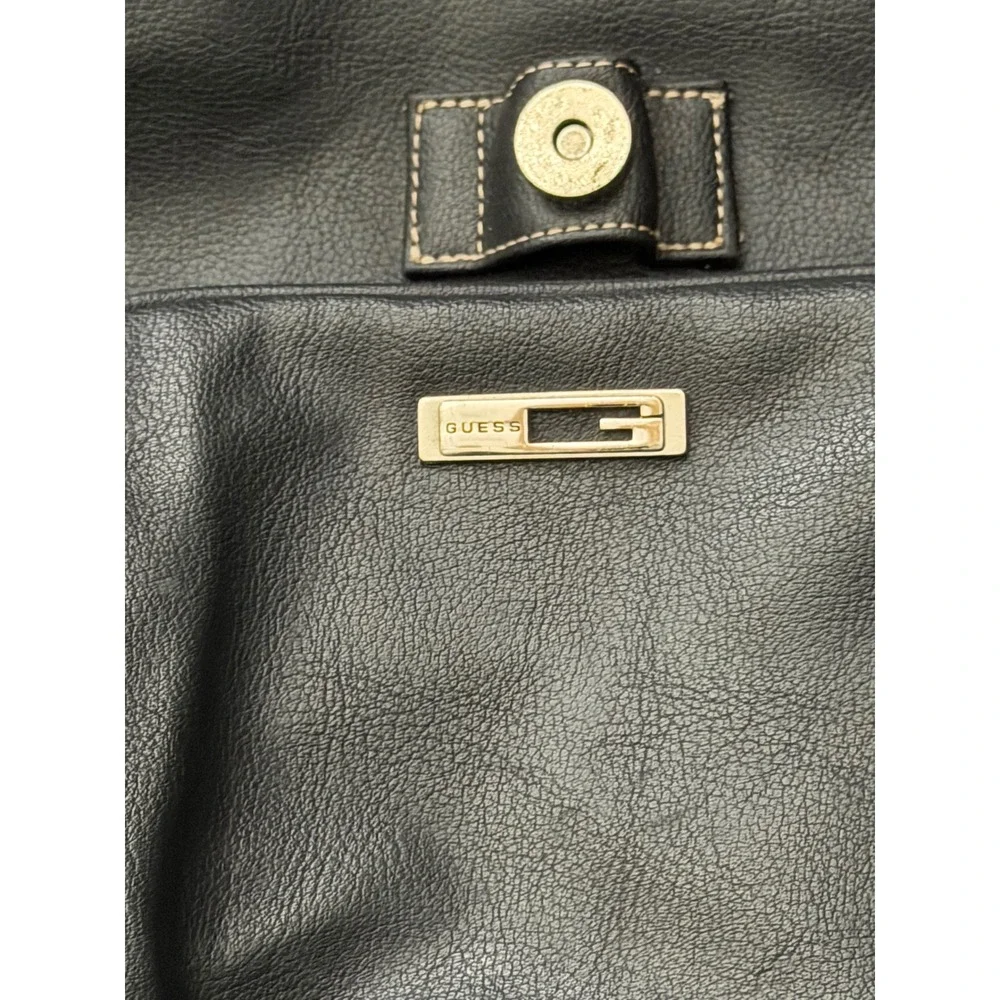 GUESS Black Faux Leather‎ Drawstring Backpack Contrast Stitching Gold Hardware
